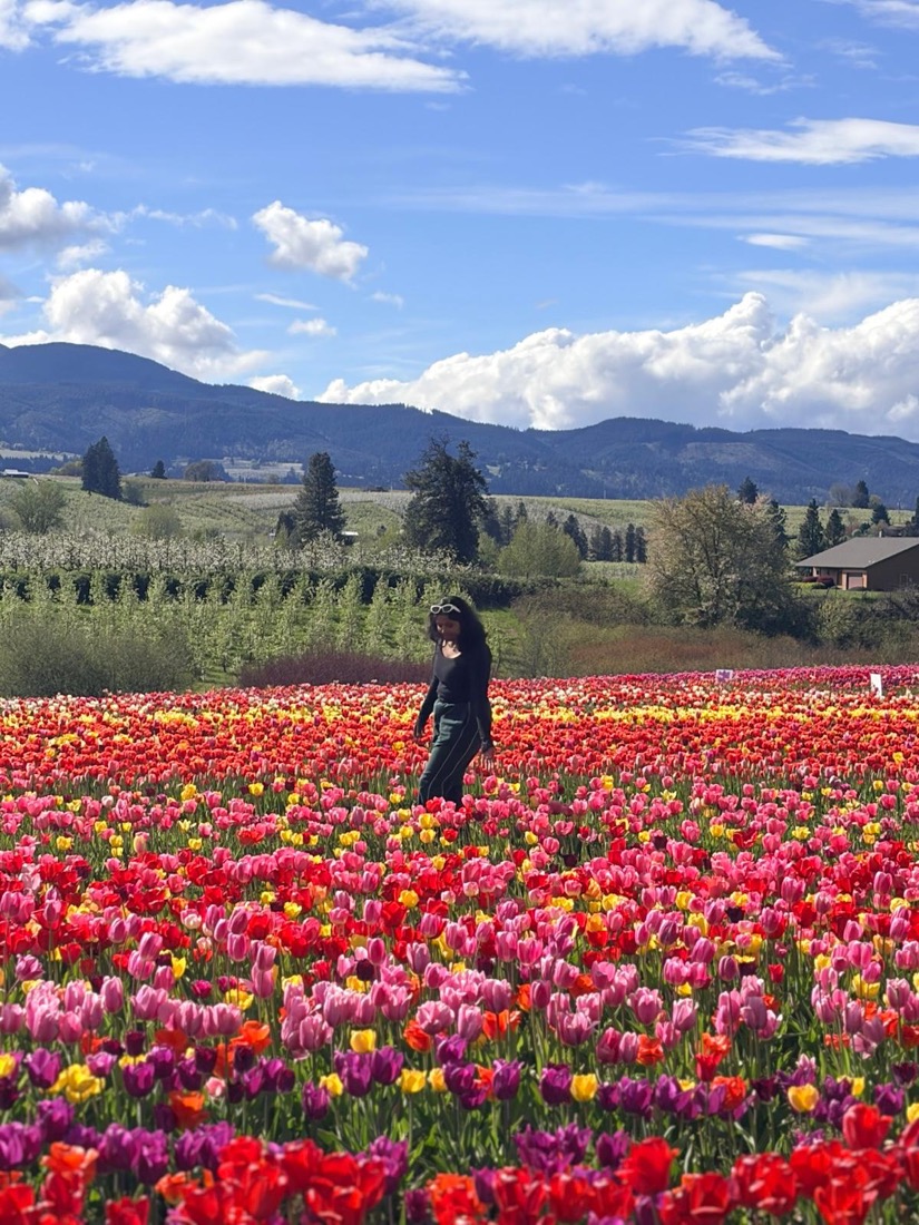 Nidhi standing in a field of tulips with mountains behind, in the Pacific Northwest